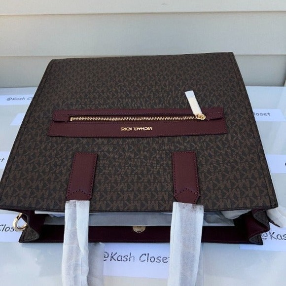 Michael Kors Kenly Tote Large MK Signature Purse Bag Merlot Brown - Picture 6 of 12